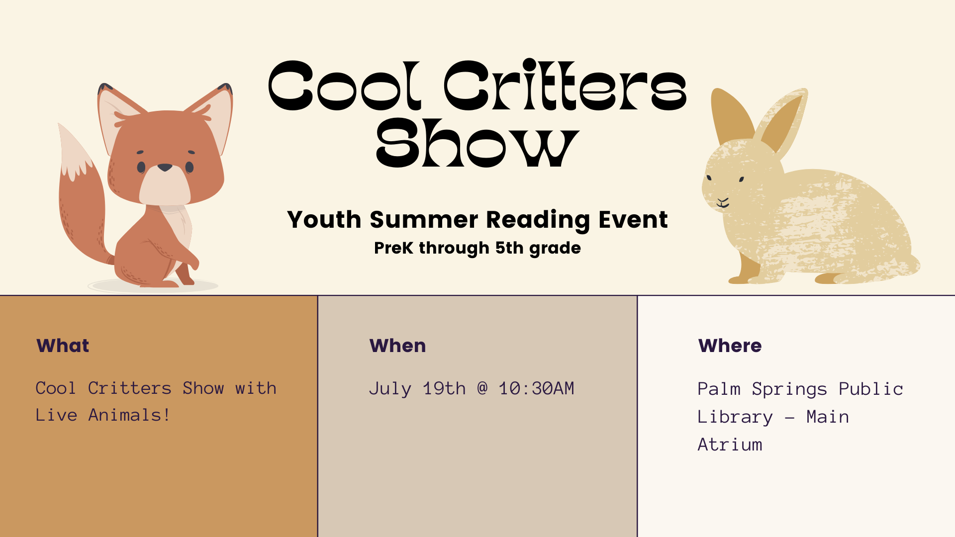 Youth Event: Cool Critters Show July 19 10:30 AM   