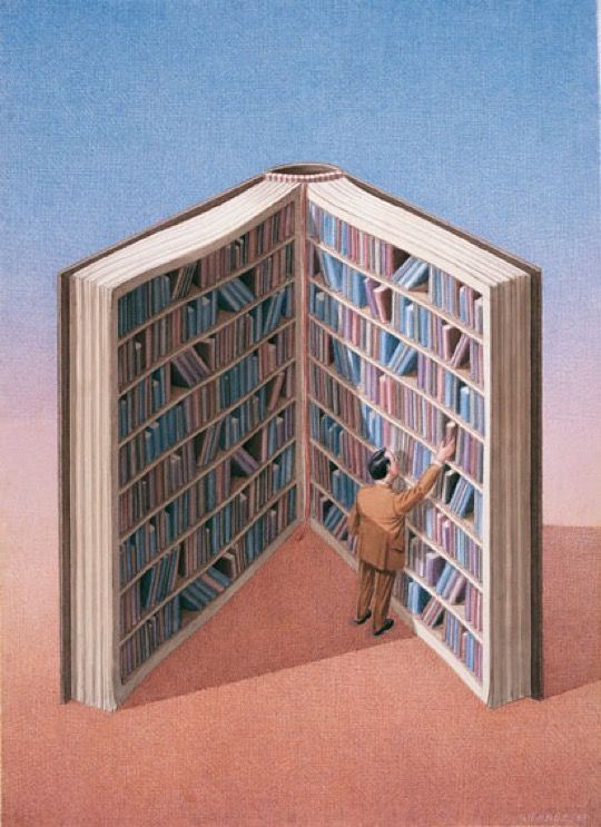 Illustration of bookkeeper tending to a book shelf.